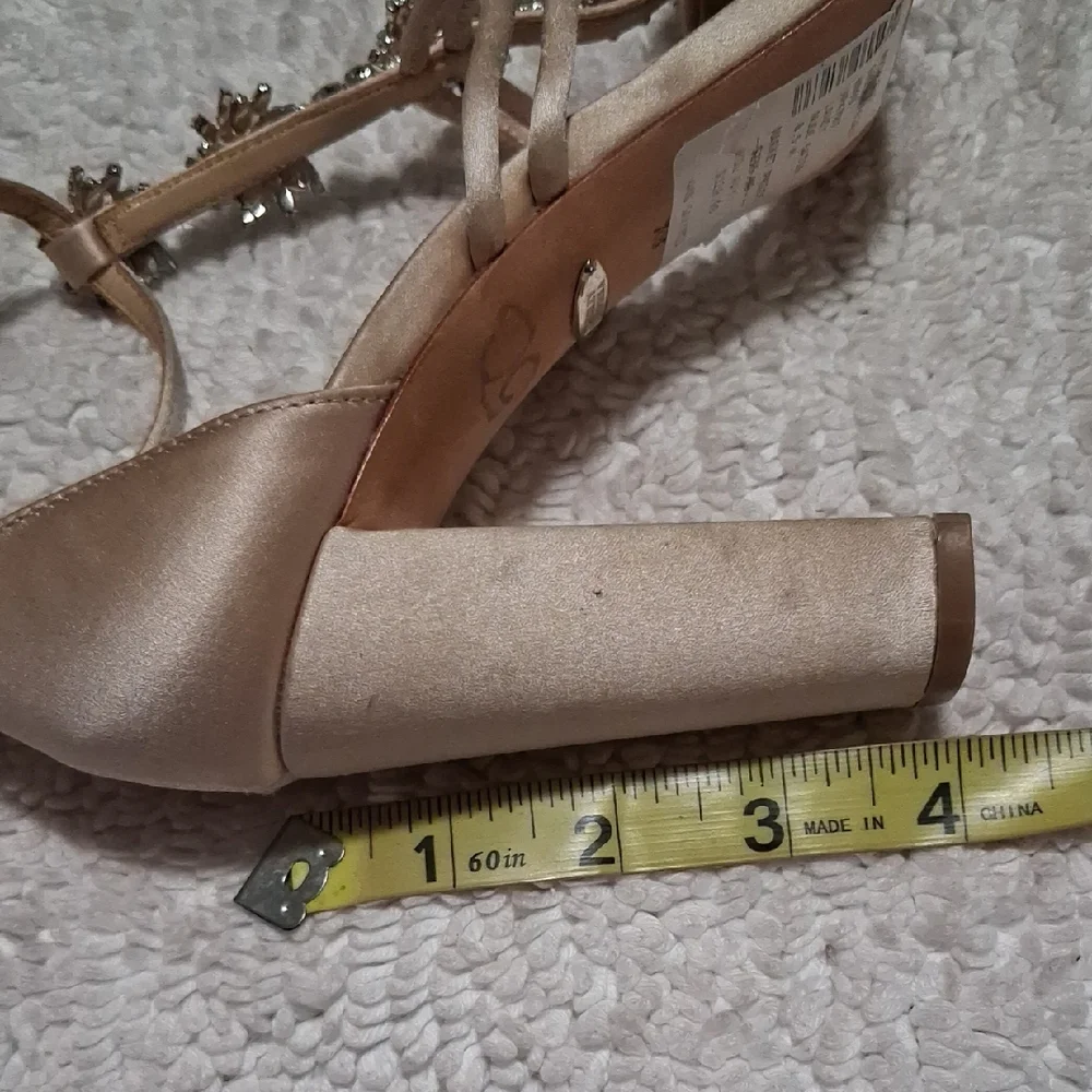 Badgley Mischka Champagne Satin Crystal T-Strap Heels - Picture 8 of 10